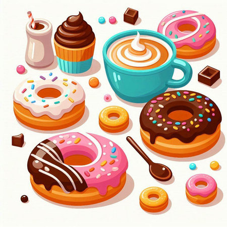 Set of donuts, cup of coffee and sweets. Vector illustrationのイラスト素材