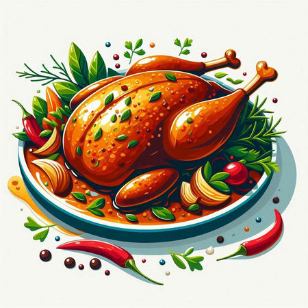 Roast chicken with spices, herbs and vegetables. Vector illustration.のイラスト素材
