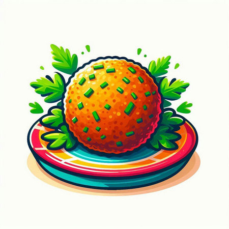 Illustration of an orange with parsley on a colorful plate.のイラスト素材