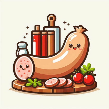 Sausage on a wooden board. Vector illustration in cartoon styleのイラスト素材