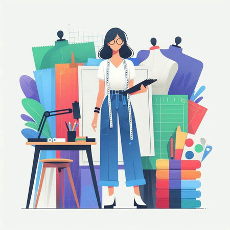 Fashion designer woman working in her studio. Vector illustration in flat styleのイラスト素材