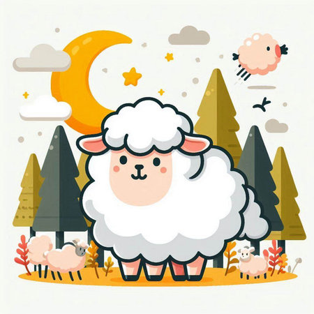 Vector illustration of cute cartoon sheep in the forest with moon and cloudsのイラスト素材