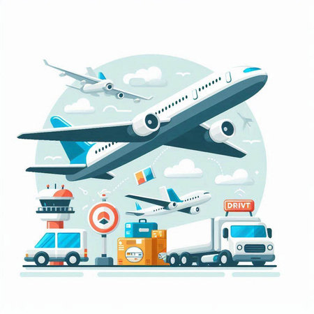 Airport flat vector illustration. Airplane, airplane, truck, plane, luggage, transport, plane, plane, aircraft, plane, cargo transport.のイラスト素材