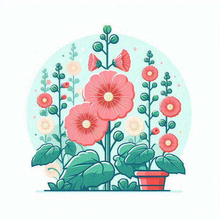 Hollyhock flowers. Vector illustration in cartoon flat style.のイラスト素材