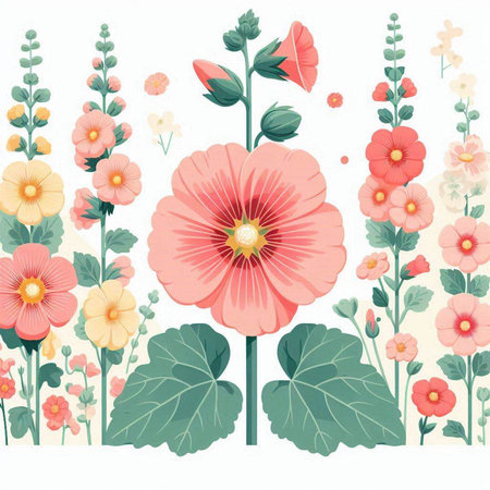 Beautiful seamless floral pattern with pink hollyhock. Vector illustration.のイラスト素材