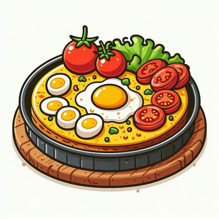 Illustration of a fried egg in a pan with tomato and saladのイラスト素材