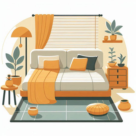 Illustration of a cozy wooden bed with a pillow and a laptopのイラスト素材