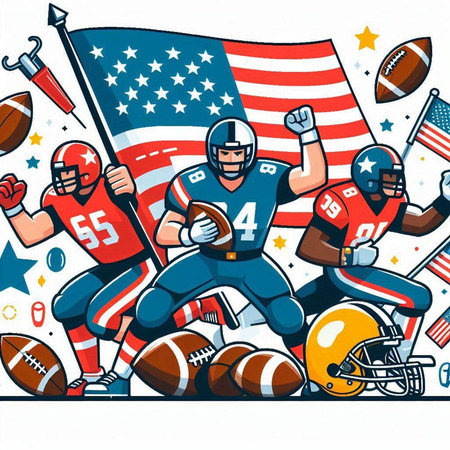 American football player team with american flag. Vector illustration in cartoon styleのイラスト素材
