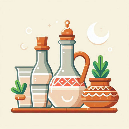 Vector illustration of clay vases and pots on wooden shelf with crescent moon and cacti.のイラスト素材