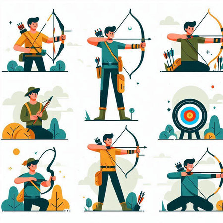 Archery. Set of vector illustrations in flat cartoon style with archery elements.のイラスト素材