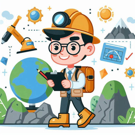 Vector cartoon illustration of a boy in a helmet and glasses with a map in his hands.のイラスト素材