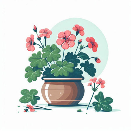 Flowerpot with geraniums. Hand drawn vector illustration.のイラスト素材