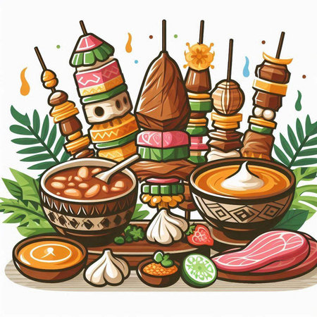 Korean traditional food. Vector illustration of kimchi, dumpling, dumplings, rice cake, shish kebab.のイラスト素材