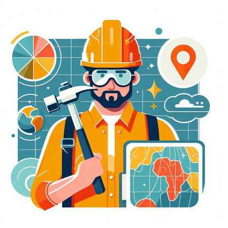 Vector illustration of a construction worker with a hammer in his hand.のイラスト素材