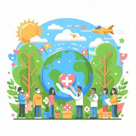World Health Day concept with people around the world. Vector illustration.のイラスト素材
