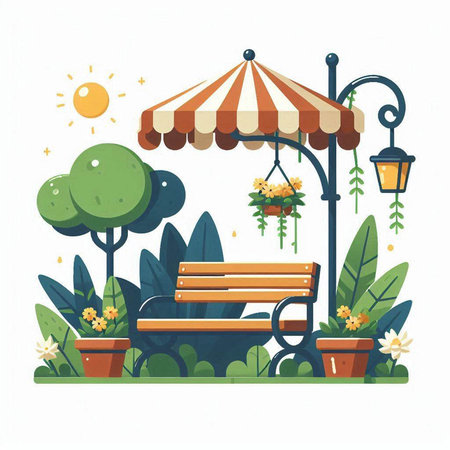 Vector illustration of park with bench and flowers in pots on white backgroundのイラスト素材