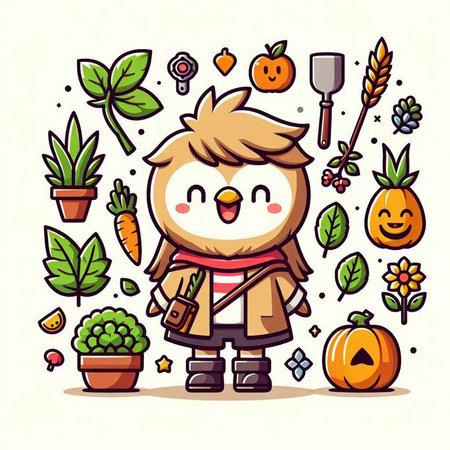 Cute cartoon owl with different vegetables and tools. Vector illustration.のイラスト素材