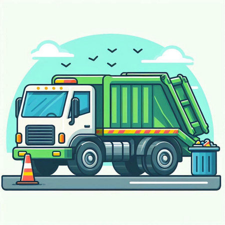 Garbage truck. Vector illustration of a garbage truck on the road.のイラスト素材