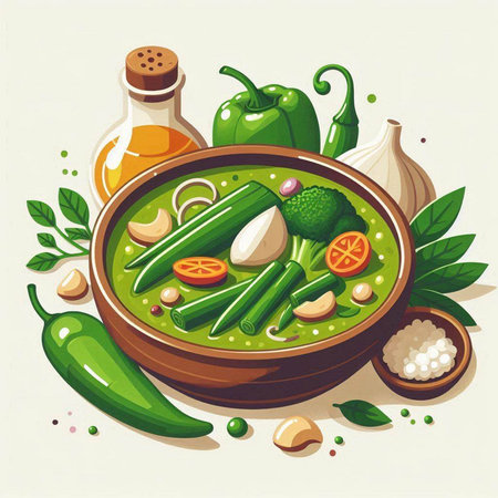 Vegetable soup. Vector illustration of vegetable soup in bowl.のイラスト素材