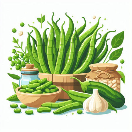 Herbs and spices. Vector illustration of aloe vera, garlic, parsley, pepper, onion, green peas.のイラスト素材