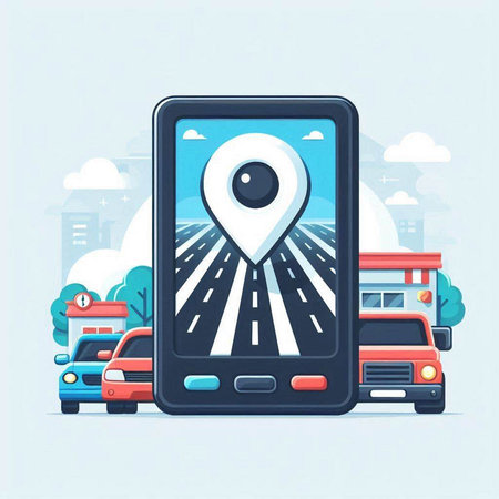 Smartphone with GPS navigator and car on city street, vector illustrationのイラスト素材