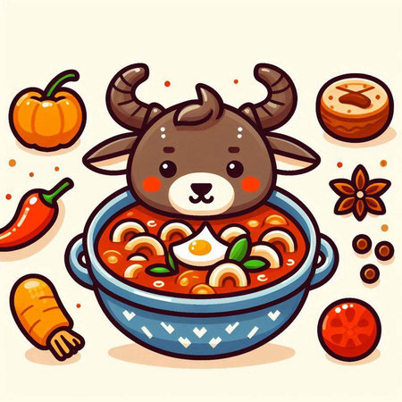 Illustration of a Cute Cartoon Bull in a Bowl of Soupのイラスト素材