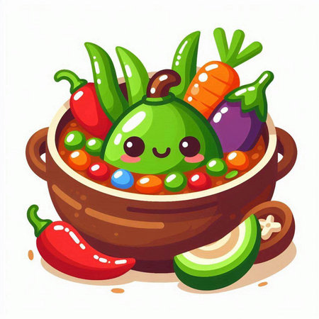 Vegetable soup in a clay pot. Cute cartoon vector illustration.のイラスト素材