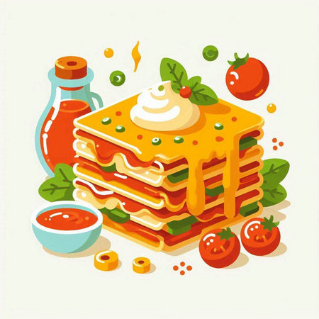 Vector illustration of a stack of tasty homemade lasagna with tomato sauce and basil.のイラスト素材
