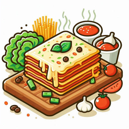 Illustration of lasagna with tomato sauce, basil, cheese and garlicのイラスト素材
