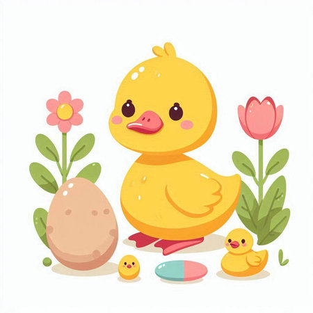 Cute yellow duckling, flowers and eggs. Vector illustration.のイラスト素材