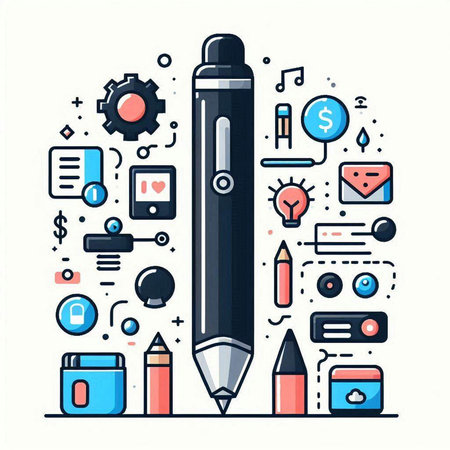 Colored pencils and icons in flat line style. Vector illustrationのイラスト素材