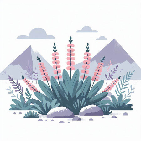 Illustration of wild flowers in the desert with mountains in the backgroundのイラスト素材