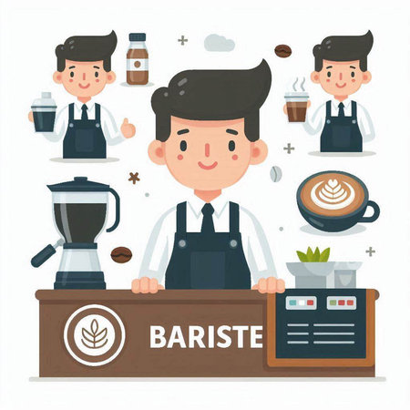 Barista and coffee shop staff, barista, cafe owner, coffee shop staff vector illustration.のイラスト素材
