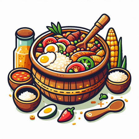 Bowl of soup with meat, vegetables and eggs. Vector illustration.のイラスト素材