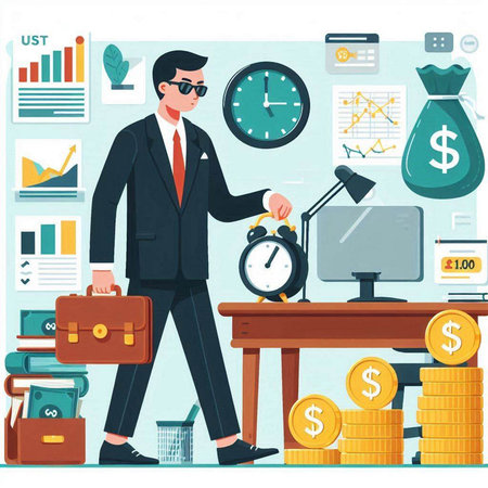 Vector illustration of a businessman working in the office. Time is money.のイラスト素材