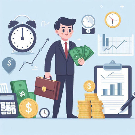 Businessman with money and business icons. Vector illustration in cartoon styleのイラスト素材