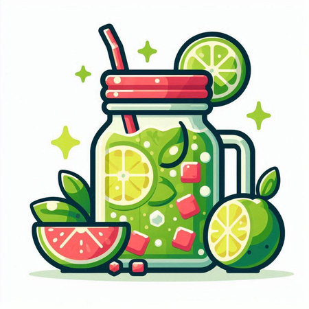 Vector illustration of lemonade with lime and mint in a jar.のイラスト素材