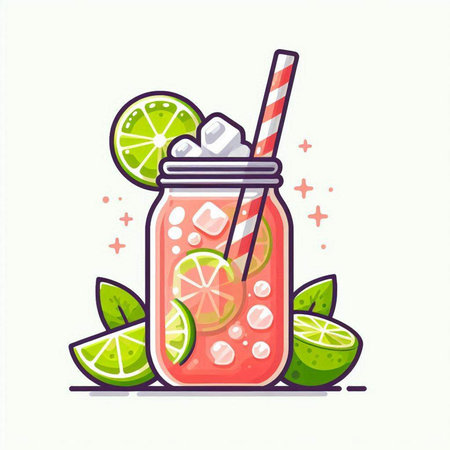 Cocktail with lime and ice in a glass jar. Vector illustration.のイラスト素材