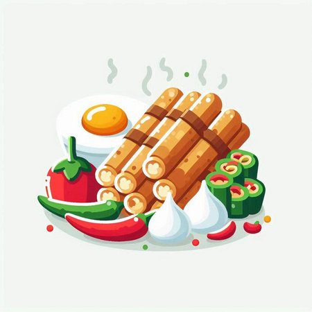 Illustration of traditional japanese food - sushi, rolls, egg, hot chili peppers.のイラスト素材