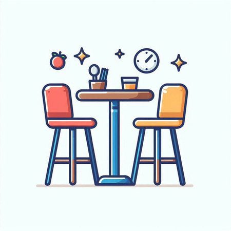 Dining room interior with table and chairs, flat vector illustration.のイラスト素材