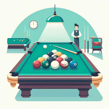 Billiard table with balls, cue and player. Vector illustration.のイラスト素材