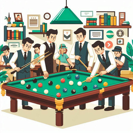 Illustration of a group of men playing billiards in a pubのイラスト素材