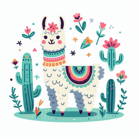 Cute llama with flowers and cacti. Vector illustration.のイラスト素材