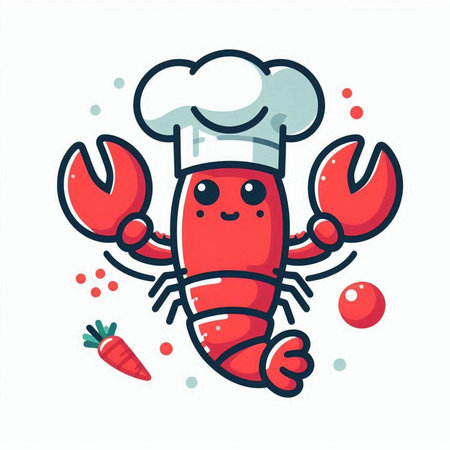 Cute cartoon lobster chef character in white hat. Vector illustration.のイラスト素材