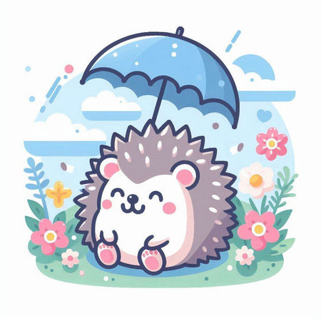 Cute hedgehog with umbrella. Vector illustration in cartoon style.のイラスト素材