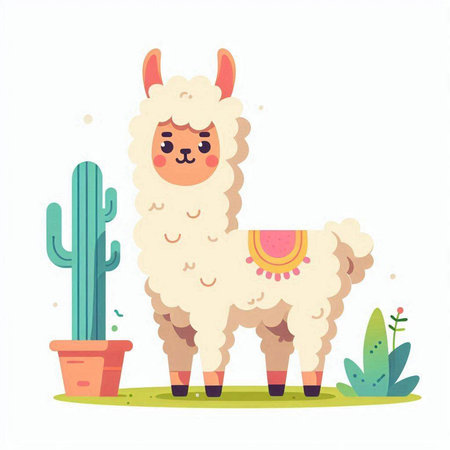 Cute cartoon alpaca. Vector illustration in flat style.のイラスト素材
