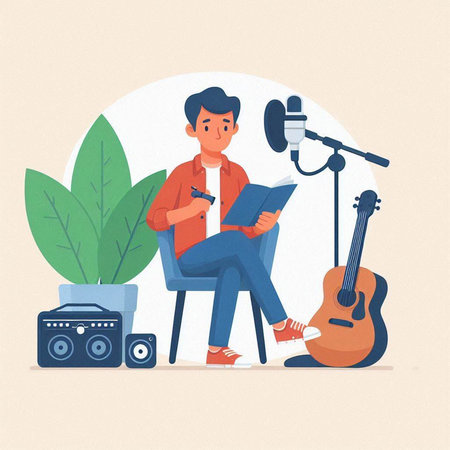 Man singing a song in a recording studio. Vector illustration in flat style.のイラスト素材