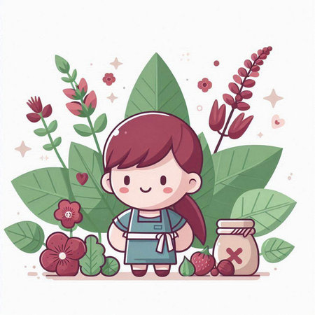 Cute little girl with flowers and jam jar. Vector illustration.のイラスト素材