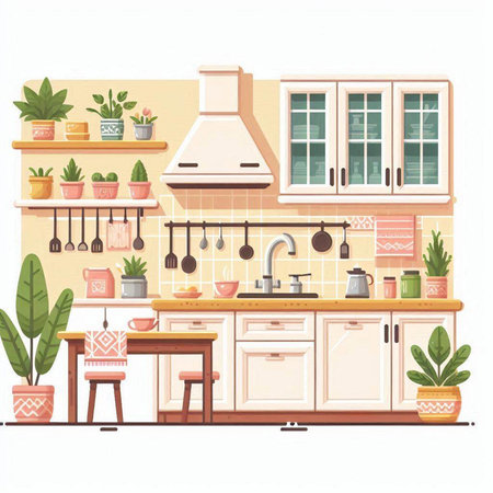 Kitchen interior with furniture and plants. Vector illustration in flat styleのイラスト素材