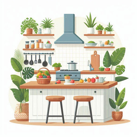 Kitchen interior with furniture and plants. Flat style vector illustration.のイラスト素材